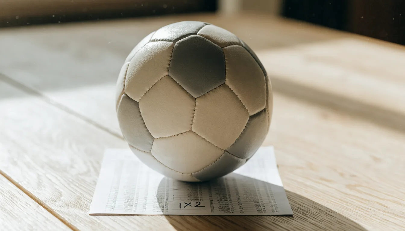 Un pallone da calcio appoggiato su una schedina bianca su un tavolo di legno, alla luce del giorno