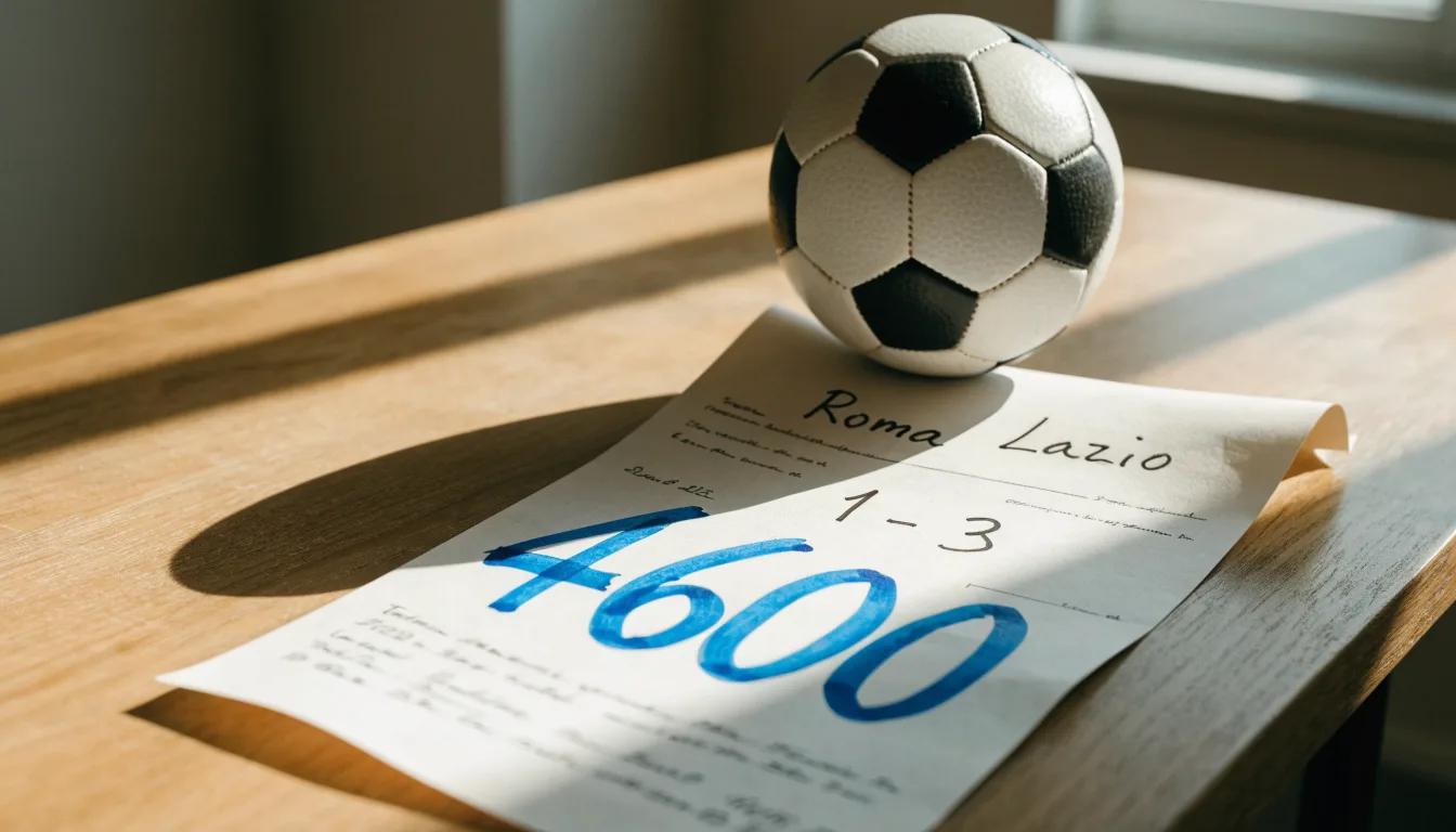 Un pallone da calcio appoggiato su una schedina bianca su un tavolo di legno, alla luce del giorno