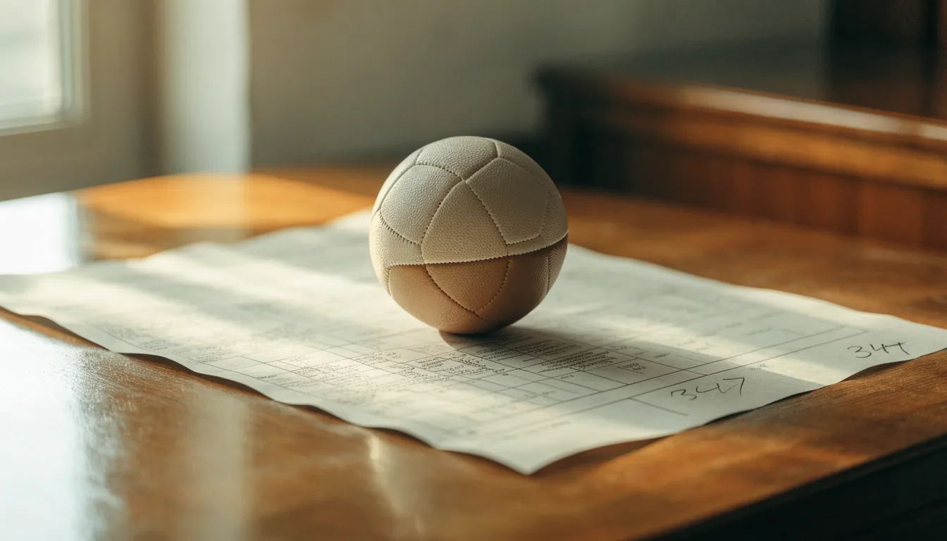 Un pallone da calcio appoggiato su una schedina bianca su un tavolo di legno, alla luce del giorno