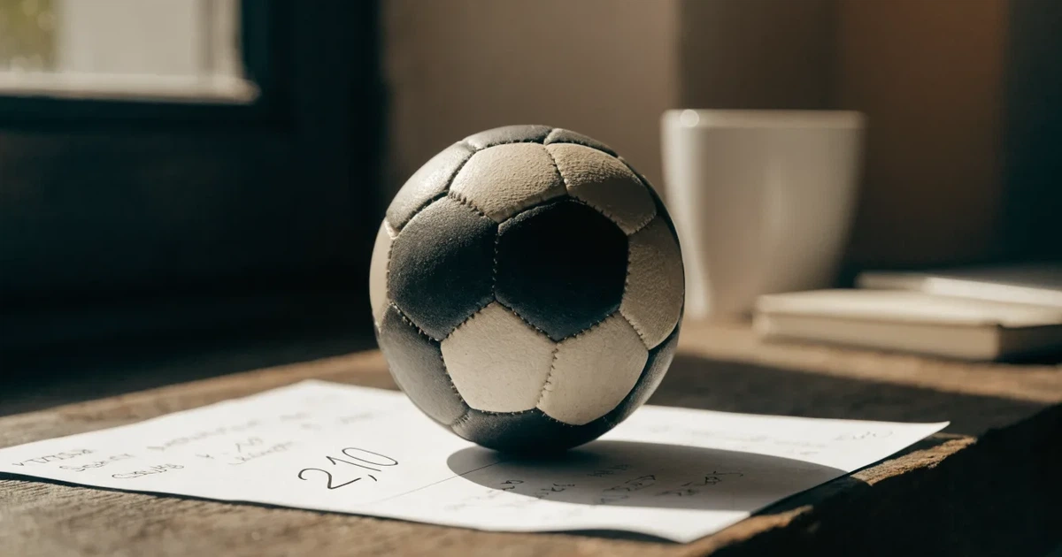 Un pallone da calcio appoggiato su una schedina bianca su un tavolo di legno, alla luce del giorno