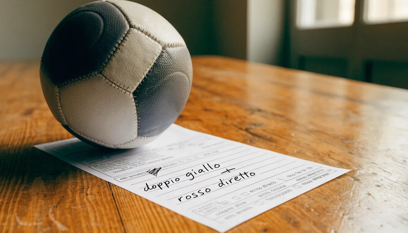 Un pallone da calcio appoggiato su una schedina bianca su un tavolo di legno, alla luce del giorno