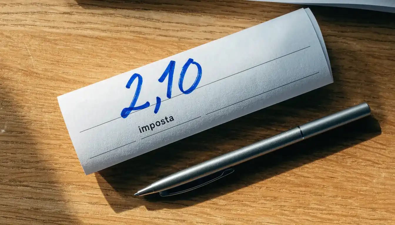 Un foglio di concessione in carta con un timbro rosso, appoggiato su una scrivania di legno accanto a una penna