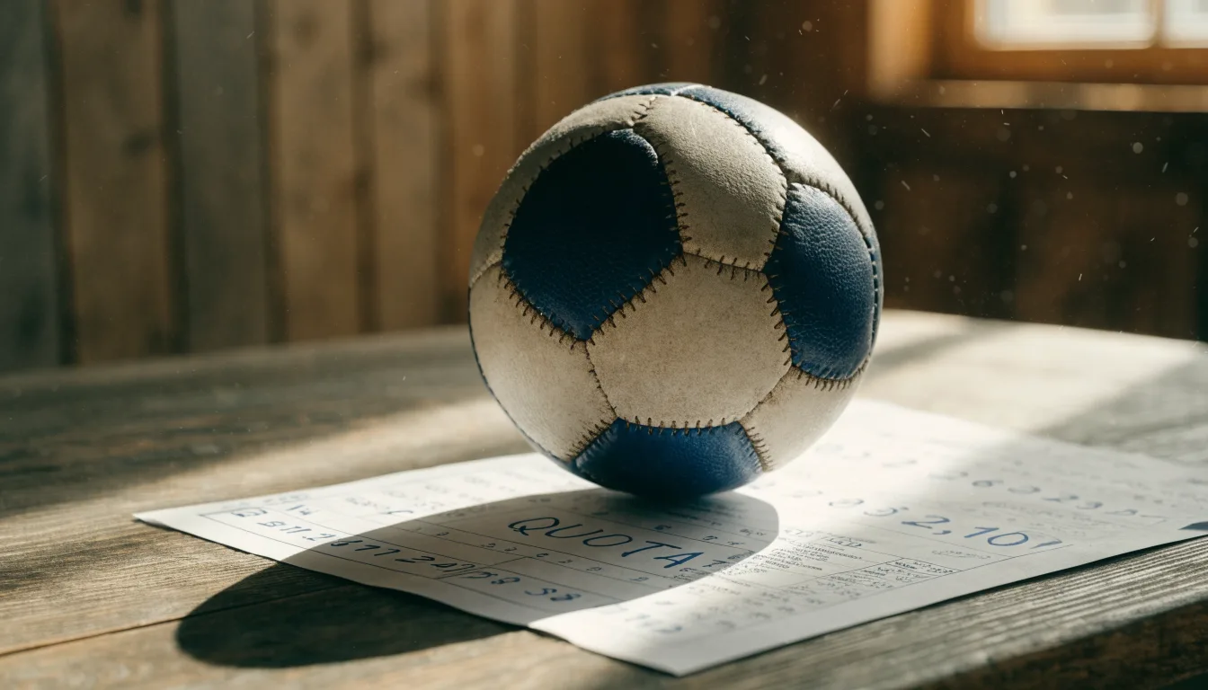 Un pallone da calcio appoggiato su una schedina bianca su un tavolo di legno, alla luce del giorno
