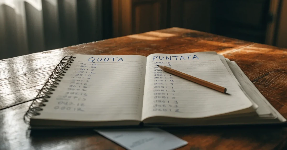 Un quaderno aperto con quote scritte a mano, una calcolatrice e una matita su un tavolo di legno