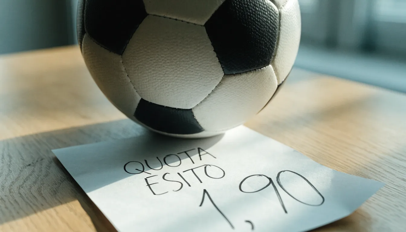 Un pallone da calcio appoggiato su una schedina bianca su un tavolo di legno, alla luce del giorno