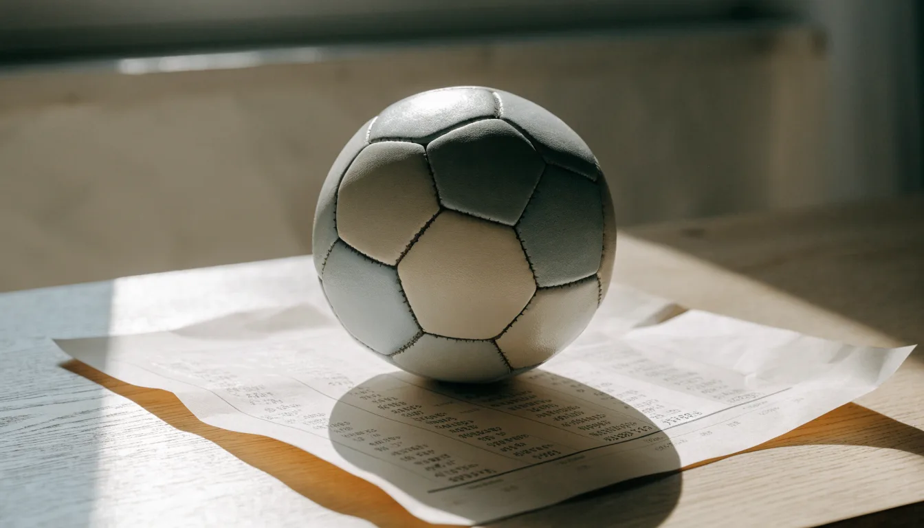 Un pallone da calcio appoggiato su una schedina bianca su un tavolo di legno, alla luce del giorno