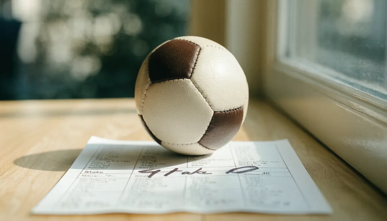 Un pallone da calcio appoggiato su una schedina bianca su un tavolo di legno, alla luce del giorno