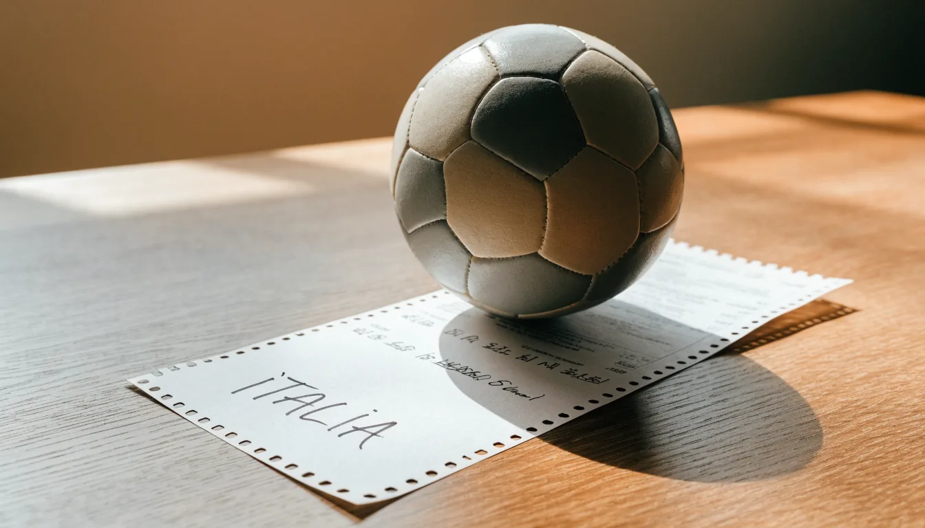 Un pallone da calcio appoggiato su una schedina bianca su un tavolo di legno, alla luce del giorno