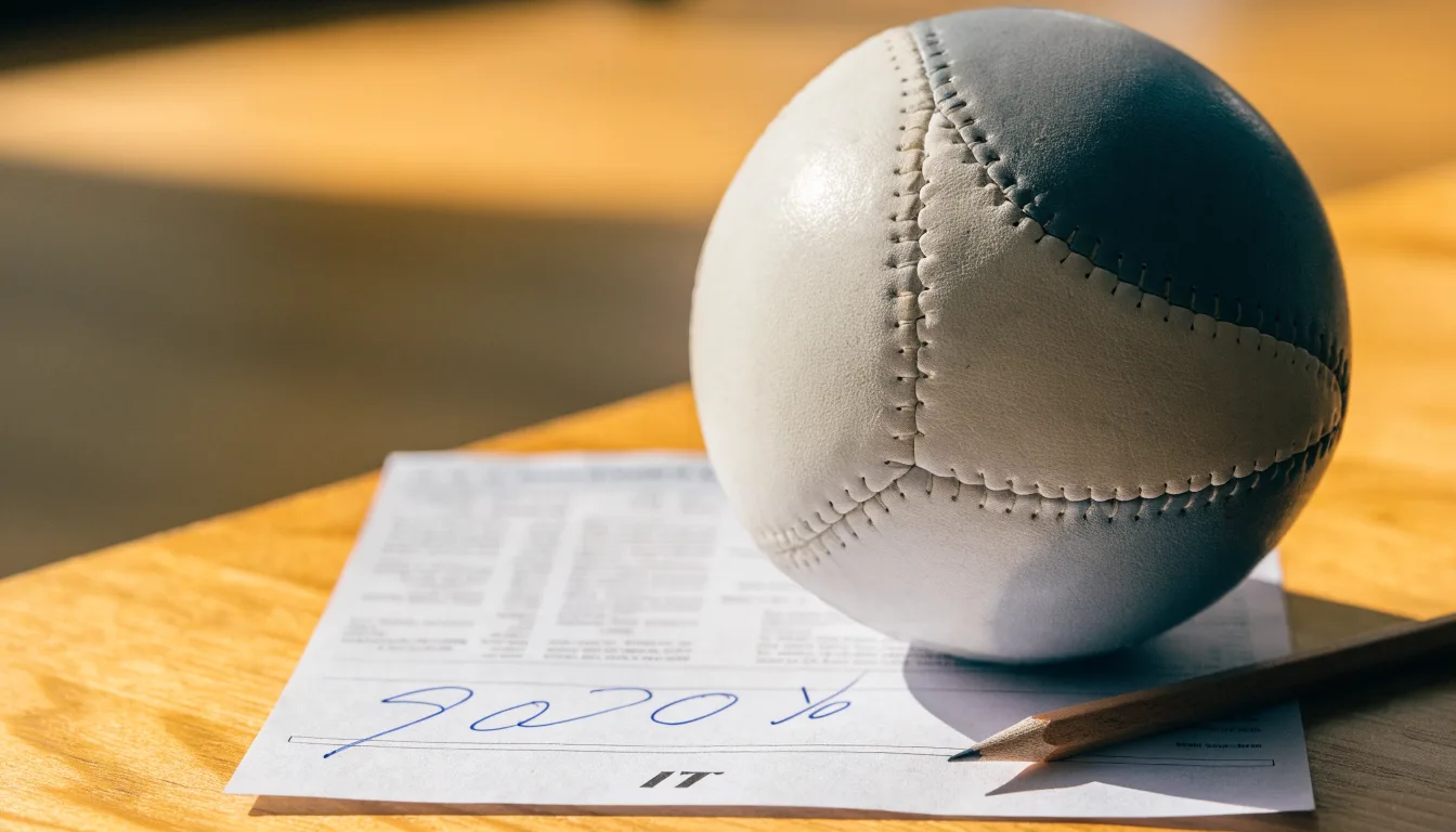 Un pallone da calcio appoggiato su una schedina bianca su un tavolo di legno, alla luce del giorno