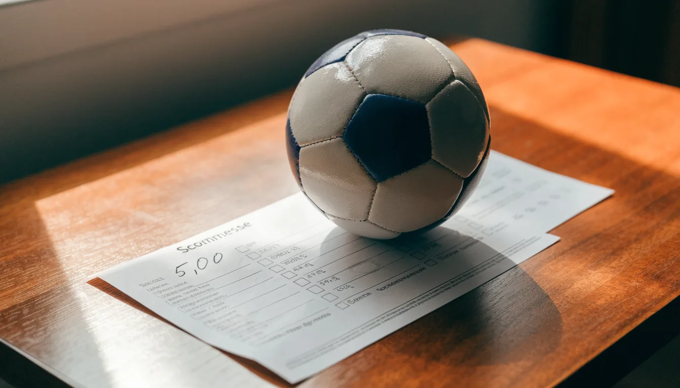 Un pallone da calcio appoggiato su una schedina bianca su un tavolo di legno, alla luce del giorno