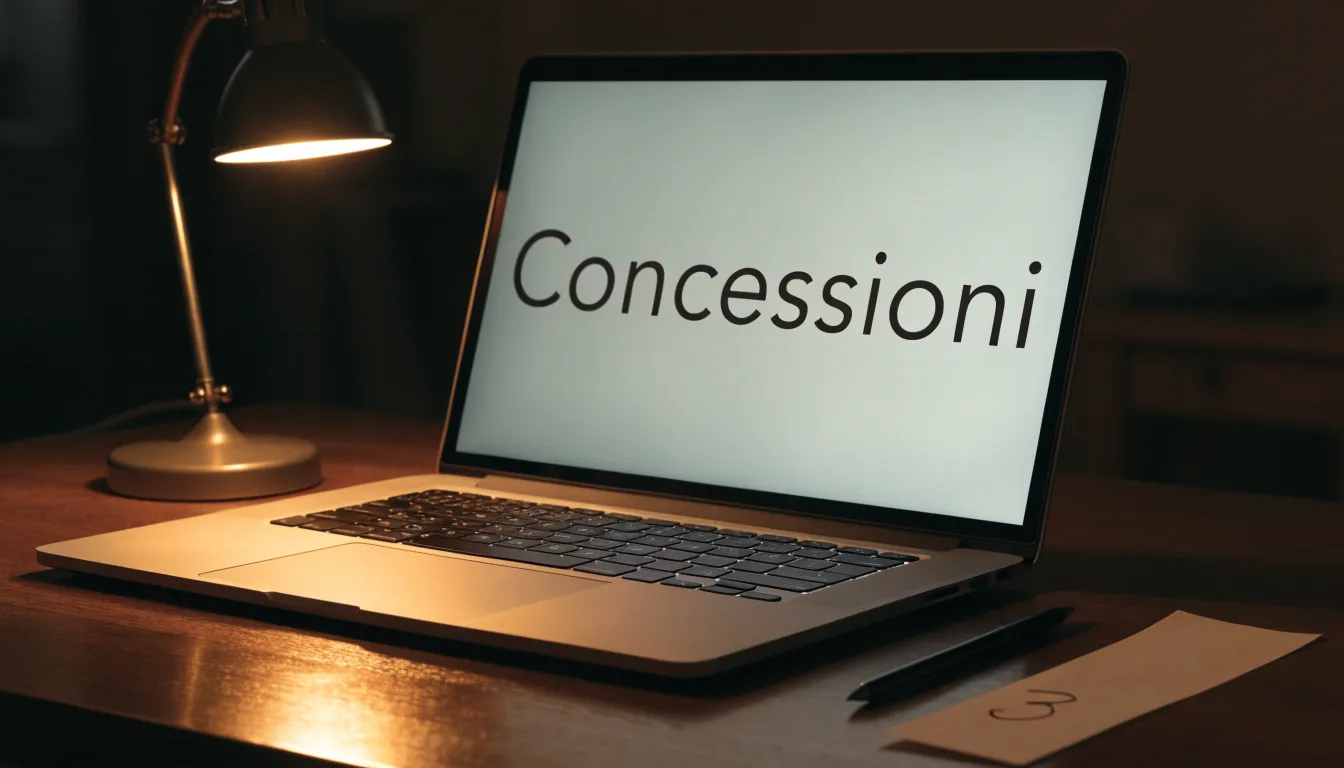 Un foglio di concessione in carta con un timbro rosso, appoggiato su una scrivania di legno accanto a una penna