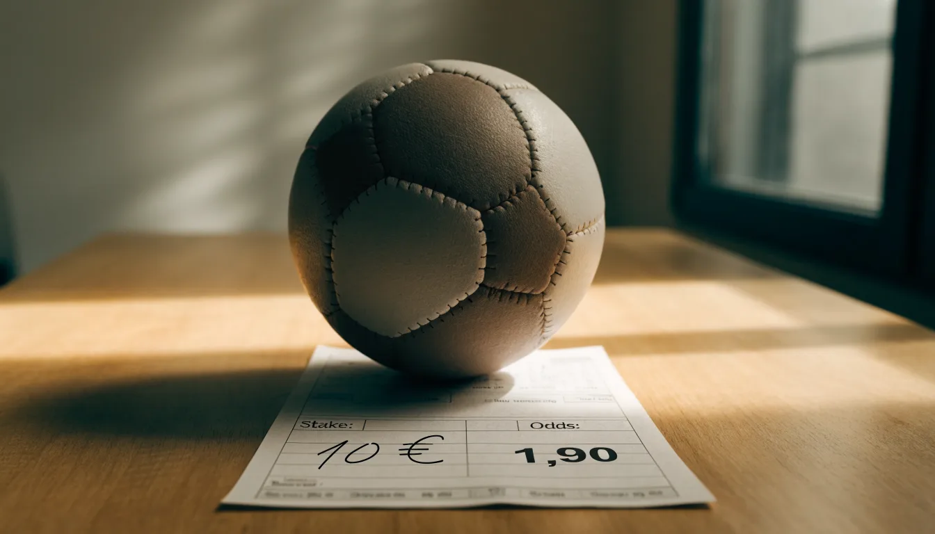 Un pallone da calcio appoggiato su una schedina bianca su un tavolo di legno, alla luce del giorno