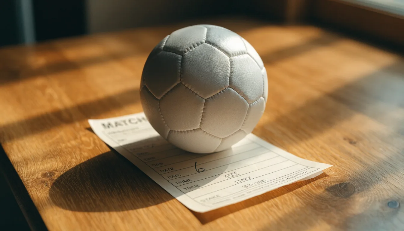 Un pallone da calcio appoggiato su una schedina bianca su un tavolo di legno, alla luce del giorno