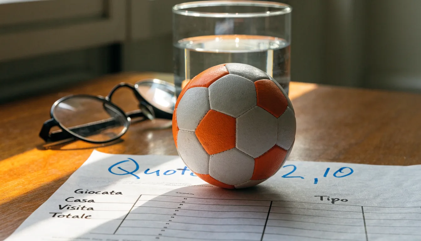 Un pallone da calcio appoggiato su una schedina bianca su un tavolo di legno, alla luce del giorno
