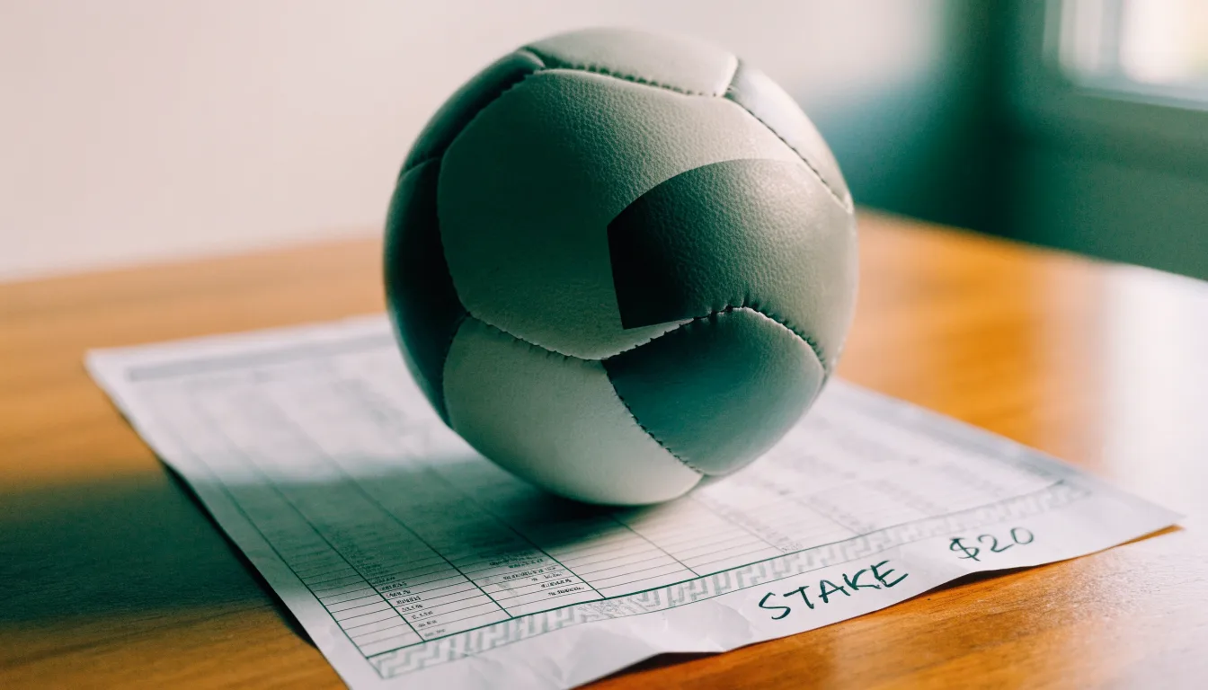 Un pallone da calcio appoggiato su una schedina bianca su un tavolo di legno, alla luce del giorno
