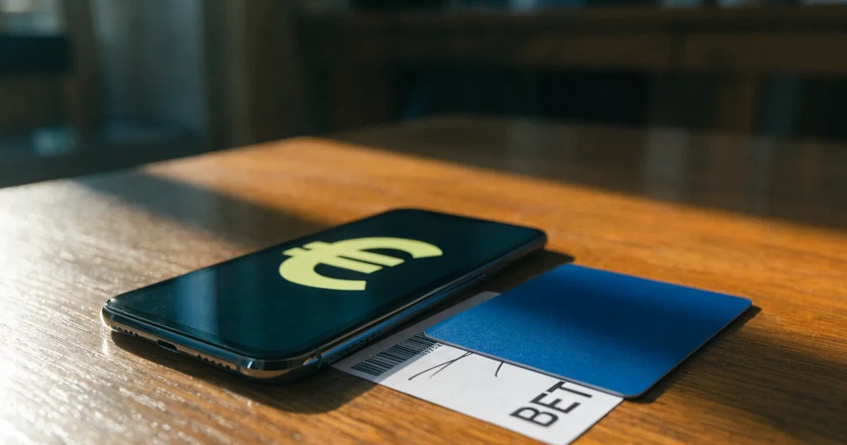 Uno smartphone e una carta di pagamento affiancati su un tavolo di legno, con alcune banconote da euro accanto