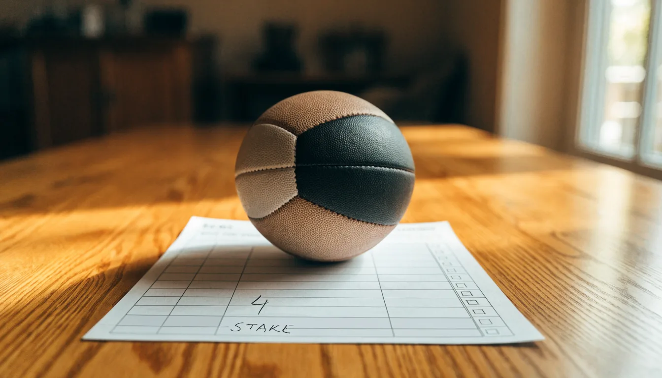 Un pallone da calcio appoggiato su una schedina bianca su un tavolo di legno, alla luce del giorno