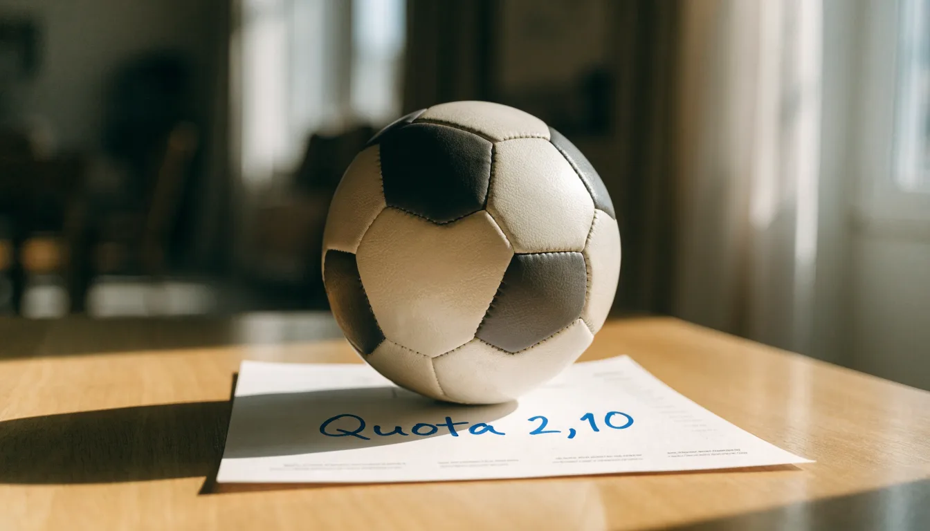 Un pallone da calcio appoggiato su una schedina bianca su un tavolo di legno, alla luce del giorno