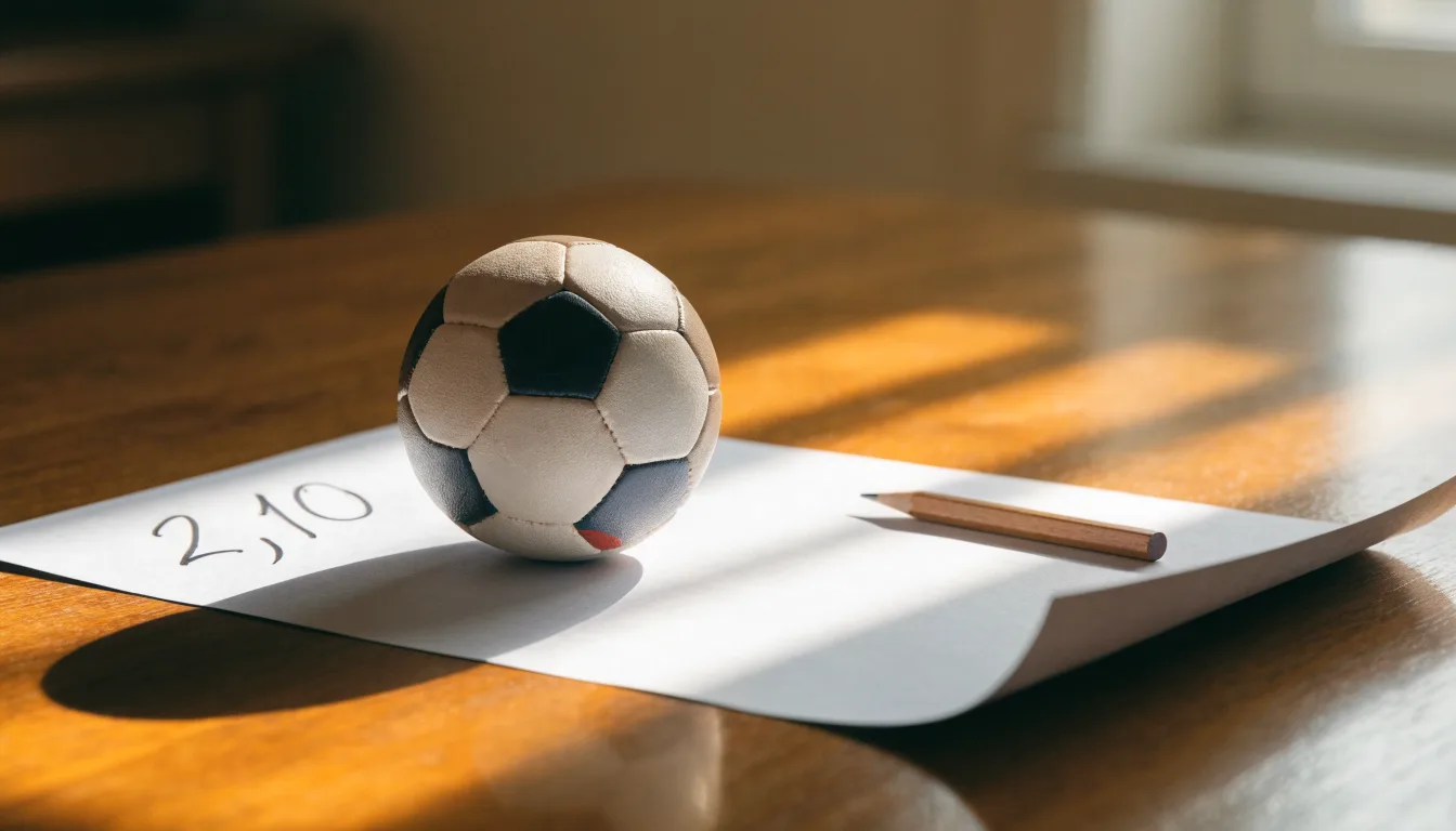 Un pallone da calcio appoggiato su una schedina bianca su un tavolo di legno, alla luce del giorno