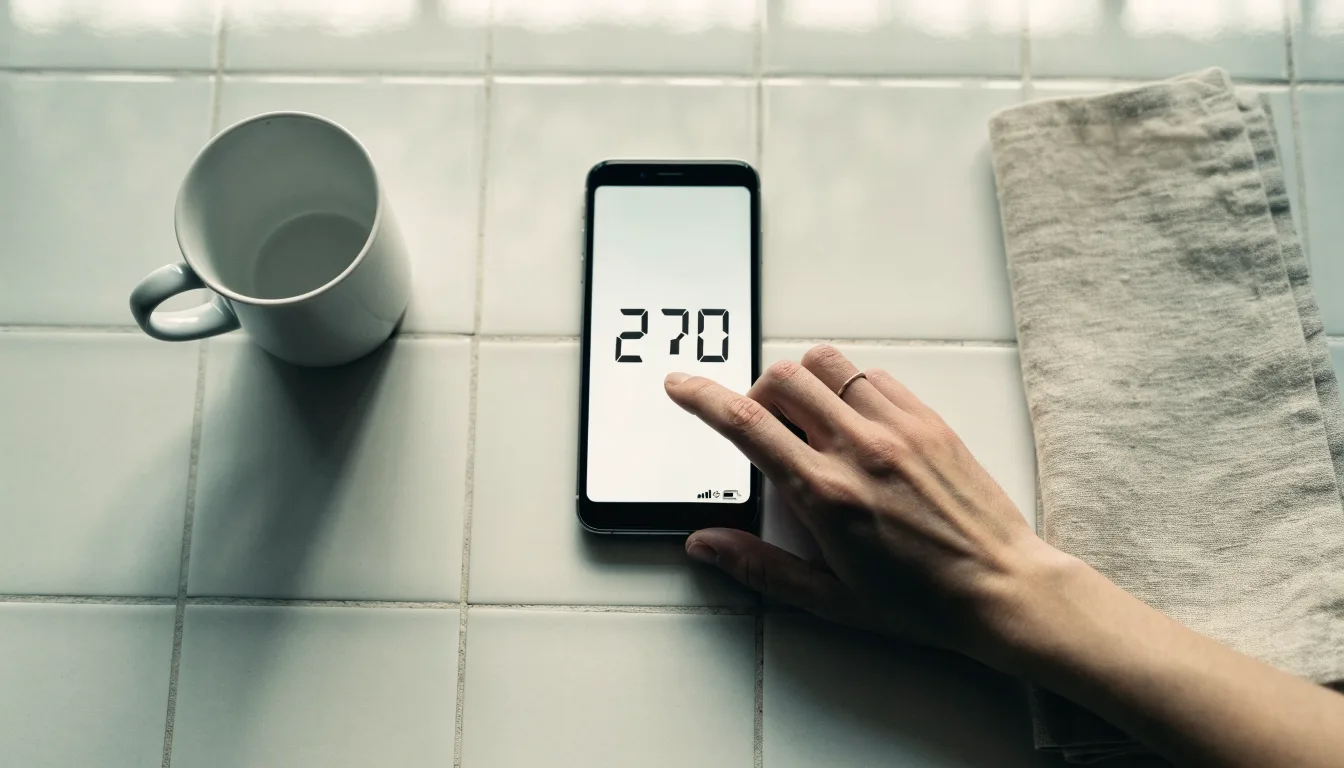 Un documento di identità appoggiato accanto a uno smartphone con un timer sullo schermo, su un tavolo da cucina