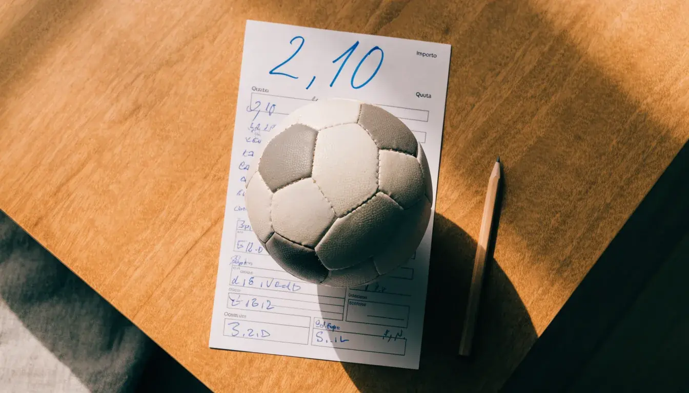 Un pallone da calcio appoggiato su una schedina bianca su un tavolo di legno, alla luce del giorno