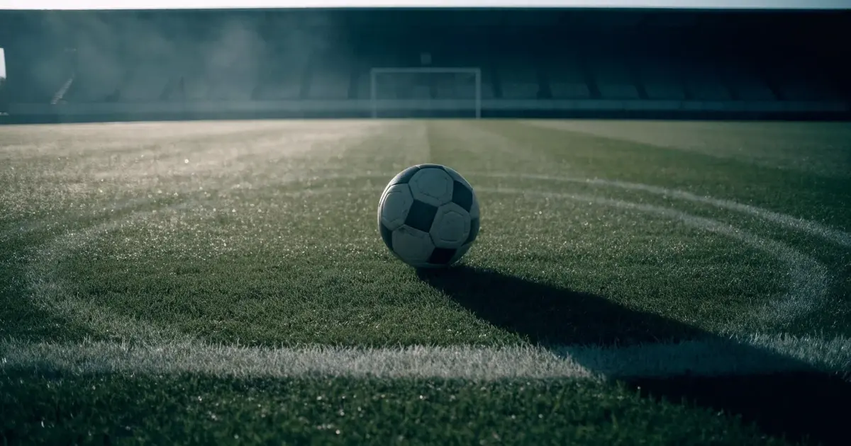 Un pallone da calcio sul dischetto del centrocampo di un prato, alla luce del mattino