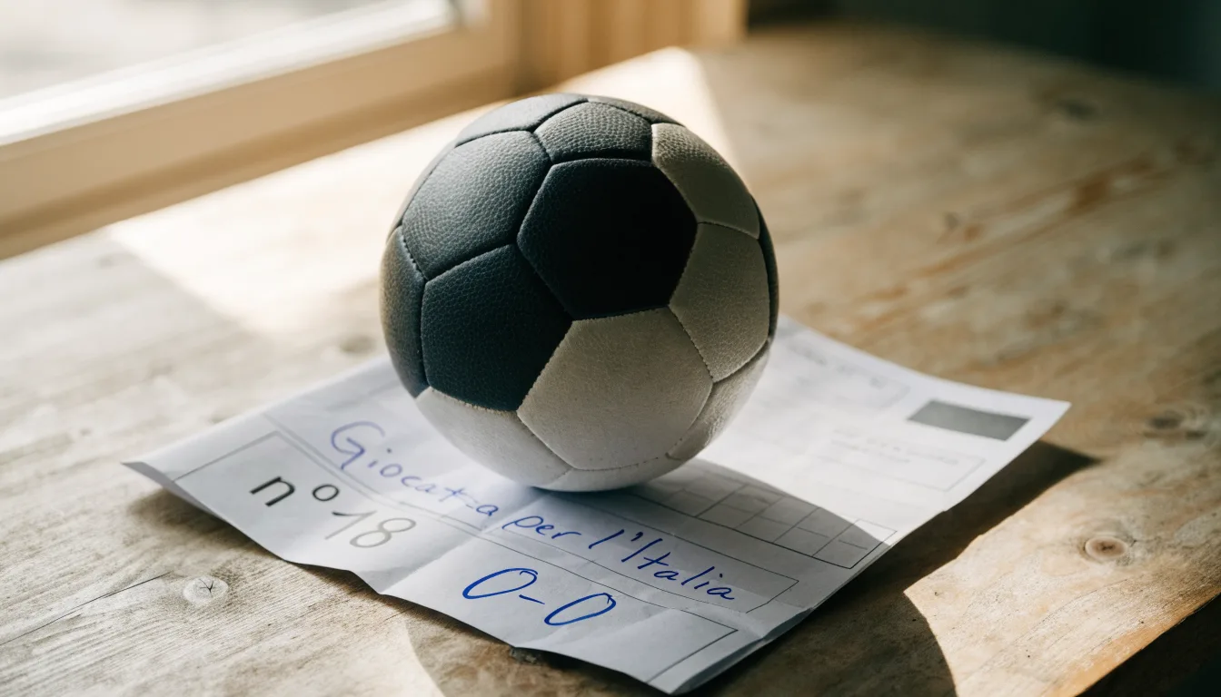 Un pallone da calcio appoggiato su una schedina bianca su un tavolo di legno, alla luce del giorno