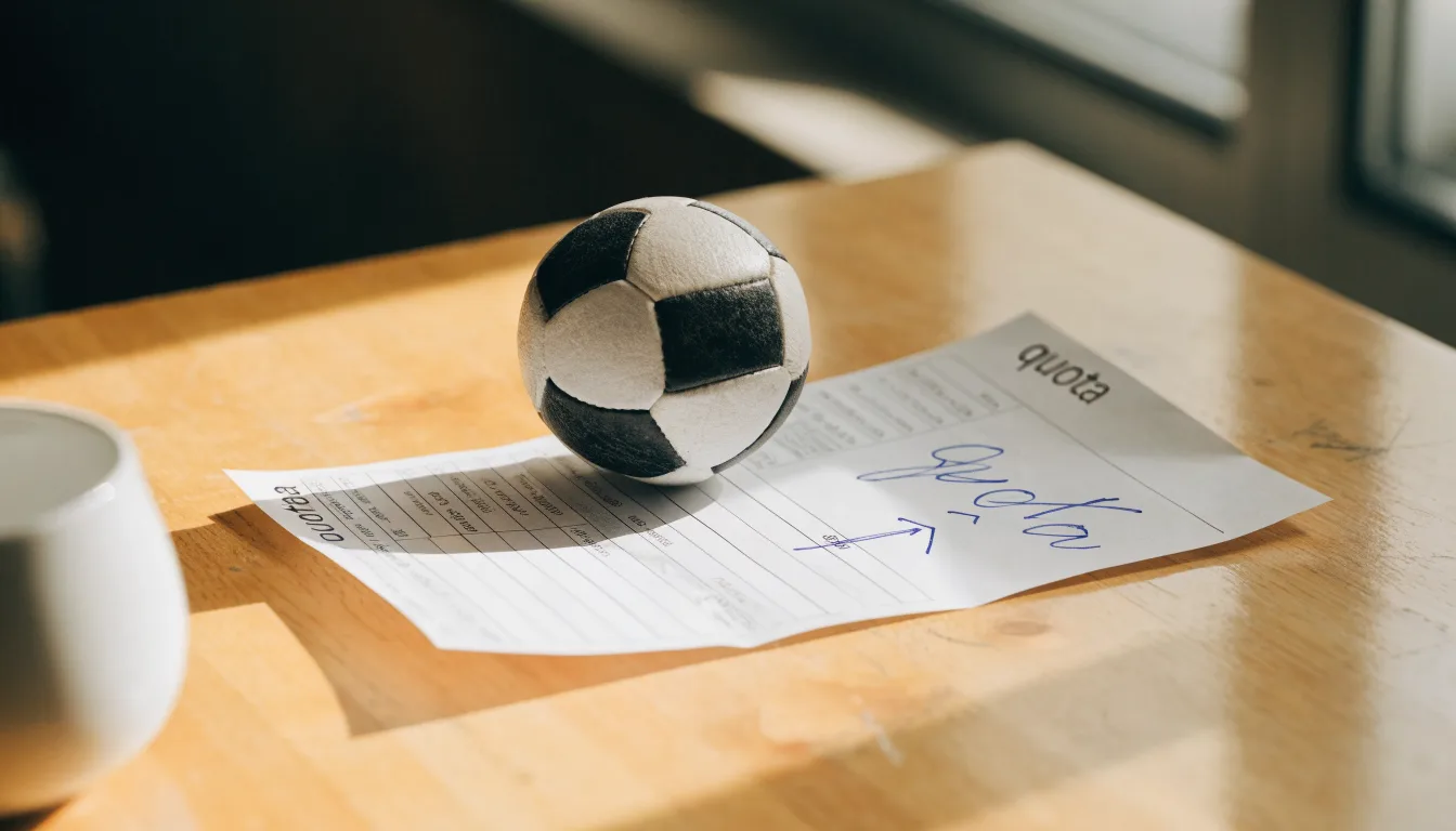Un pallone da calcio appoggiato su una schedina bianca su un tavolo di legno, alla luce del giorno