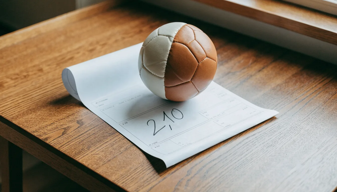 Un pallone da calcio appoggiato su una schedina bianca su un tavolo di legno, alla luce del giorno
