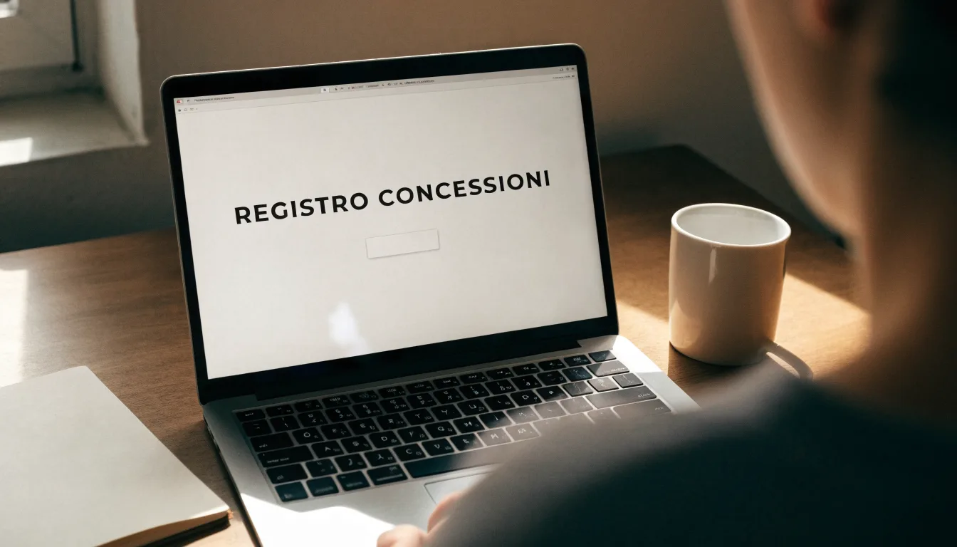 Un foglio di concessione in carta con un timbro rosso, appoggiato su una scrivania di legno accanto a una penna
