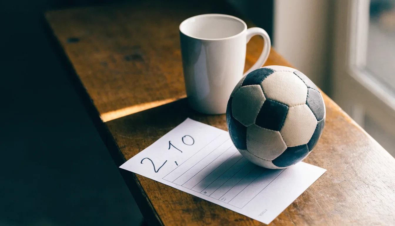 Un pallone da calcio appoggiato su una schedina bianca su un tavolo di legno, alla luce del giorno