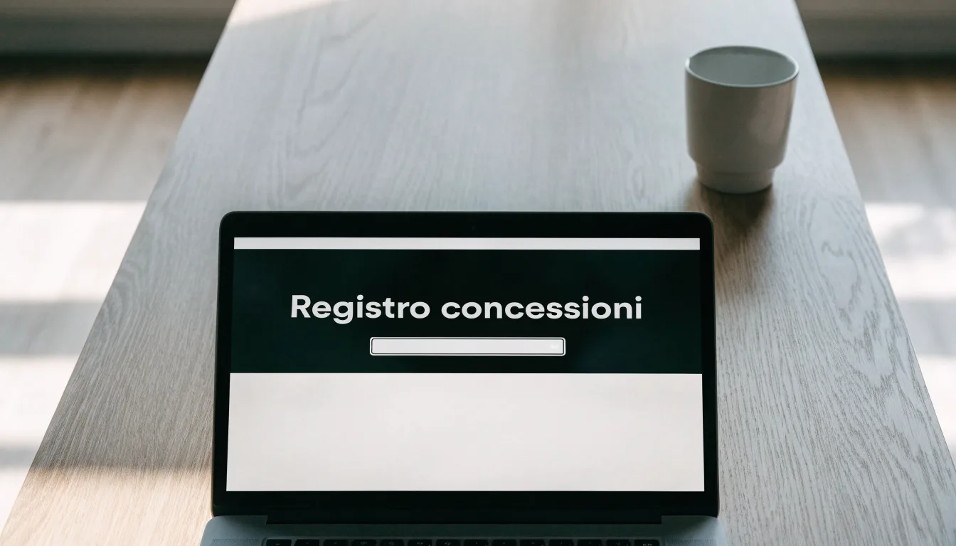 Un foglio di concessione in carta con un timbro rosso, appoggiato su una scrivania di legno accanto a una penna