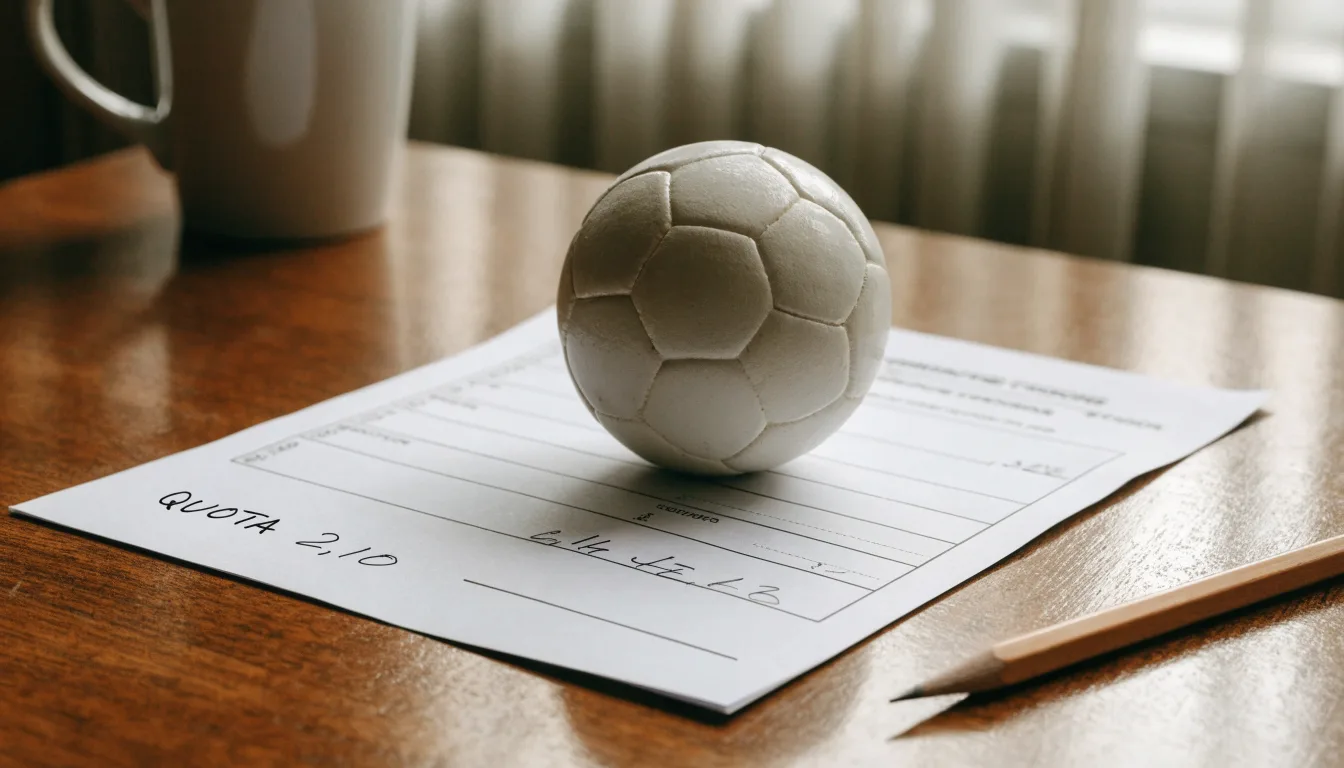 Un pallone da calcio appoggiato su una schedina bianca su un tavolo di legno, alla luce del giorno