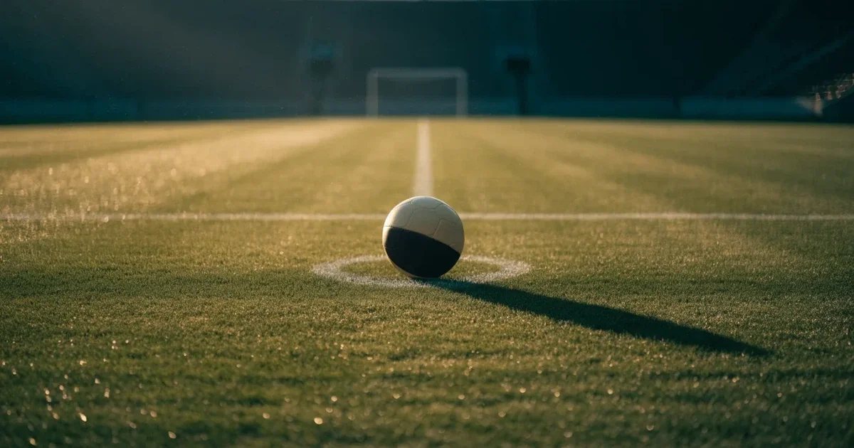 Un pallone da calcio sul dischetto del centrocampo di un prato, alla luce del mattino
