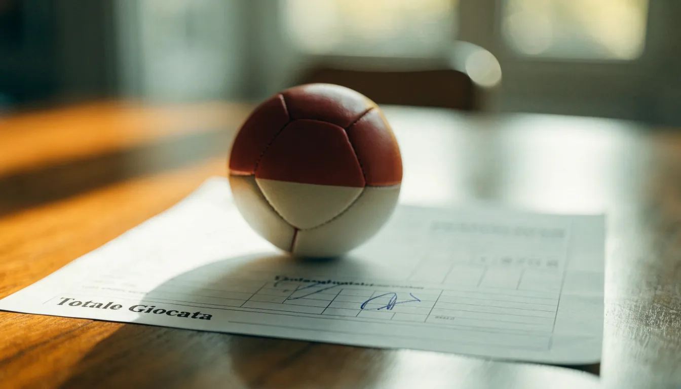 Un pallone da calcio appoggiato su una schedina bianca su un tavolo di legno, alla luce del giorno