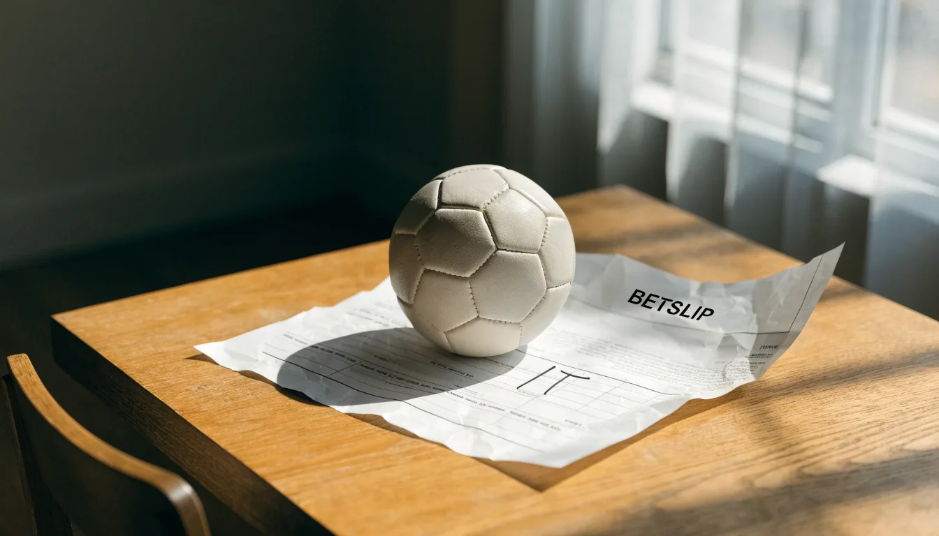 Un pallone da calcio appoggiato su una schedina bianca su un tavolo di legno, alla luce del giorno