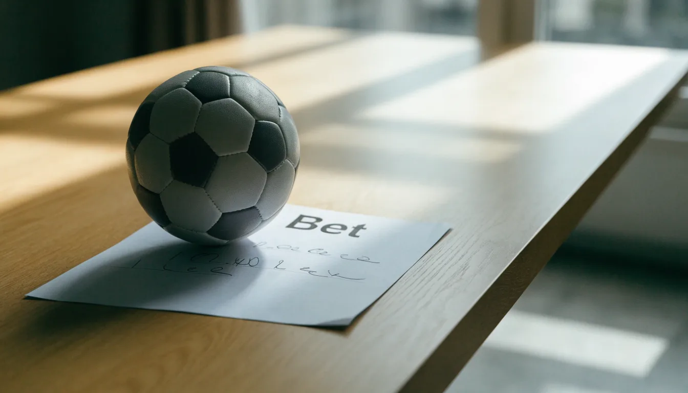Un pallone da calcio appoggiato su una schedina bianca su un tavolo di legno, alla luce del giorno