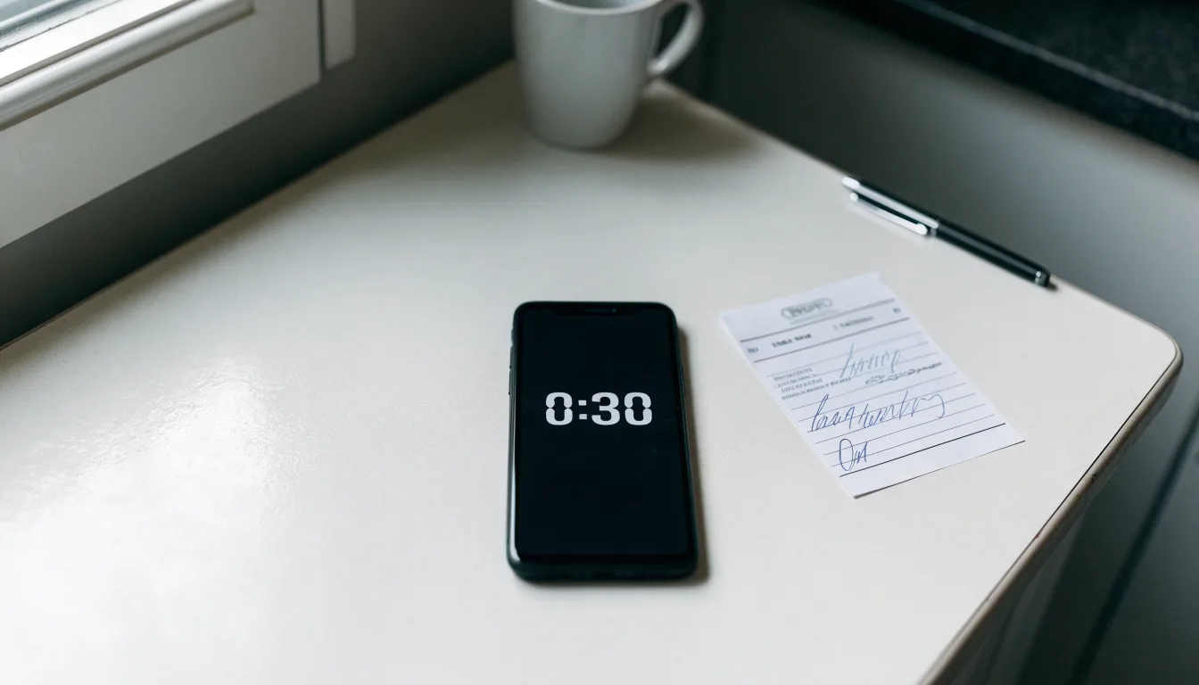 Un documento di identità appoggiato accanto a uno smartphone con un timer sullo schermo, su un tavolo da cucina