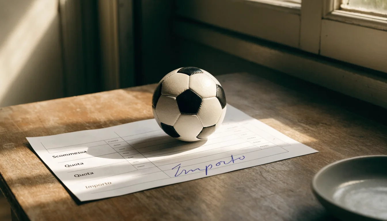 Un pallone da calcio appoggiato su una schedina bianca su un tavolo di legno, alla luce del giorno
